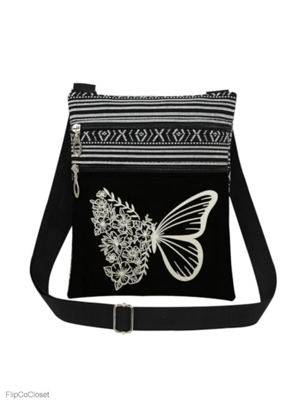 Butterfly Floral Crossbody Bag Polyester Adjustable Strap Double Zipper